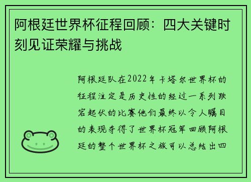 阿根廷世界杯征程回顾：四大关键时刻见证荣耀与挑战
